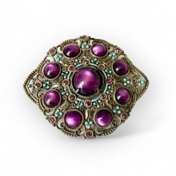 Large Antique Purple Cabochon Turquoise Enamel Austro Hungarian Brooch Sash Pin - Picture 5 of 7